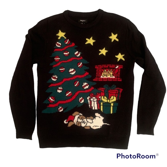 Ugly Christmas Sweater Sweaters - Ugly Christmas Sweater. Cozy Fireplace Puppy. Mens XS, Womens M